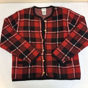 VTG Crystal Kobe Cardigan Red Black Holiday Plaid Gold Button Knit Sweater Med